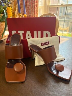 STAUD Brown Leather Toe-Loop Sandal Heels